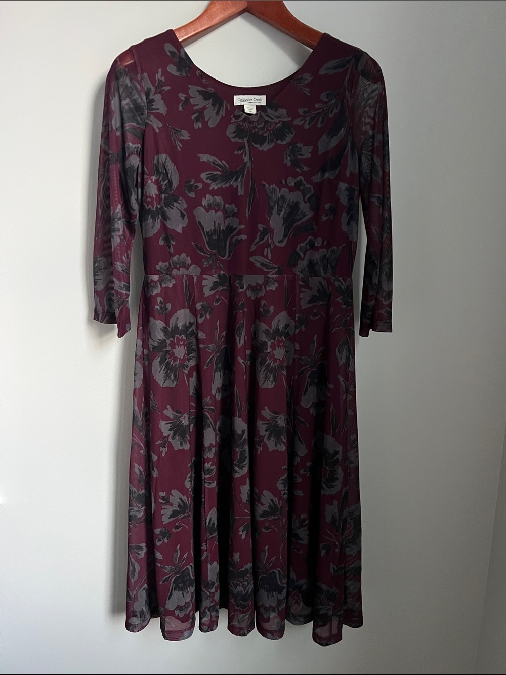 Coldwater Creek Burgundy and Gray Floral Midi Dress Size 10P